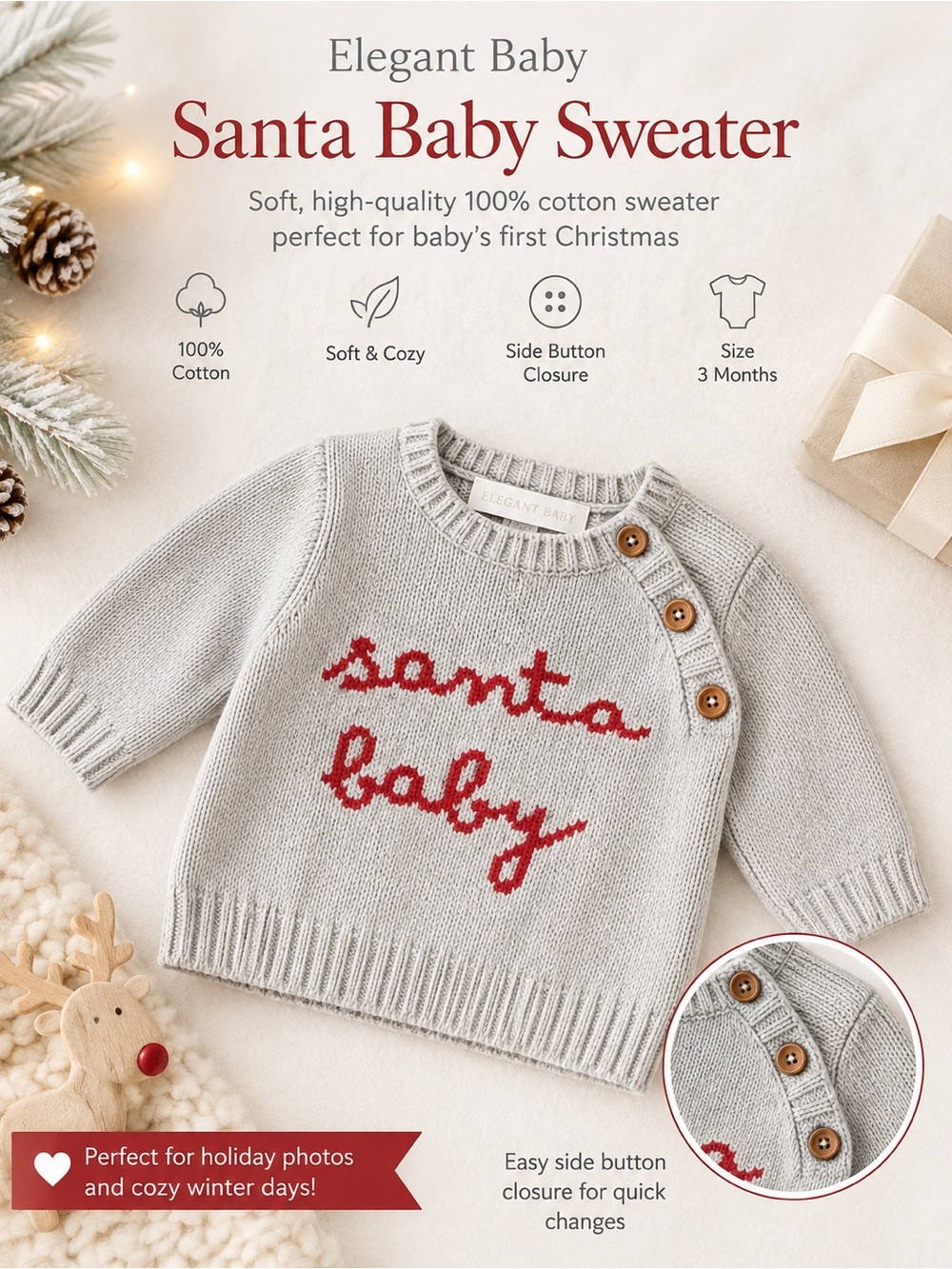 Elegant Baby 'Santa Baby' Knit Sweater - Gray with Red Script